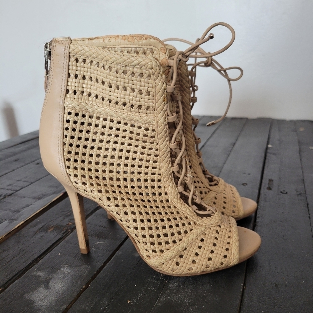 Sam Edelman Abbie Woven Heels Women's 6 Tan Beige Lace Up Stiletto Dressy
